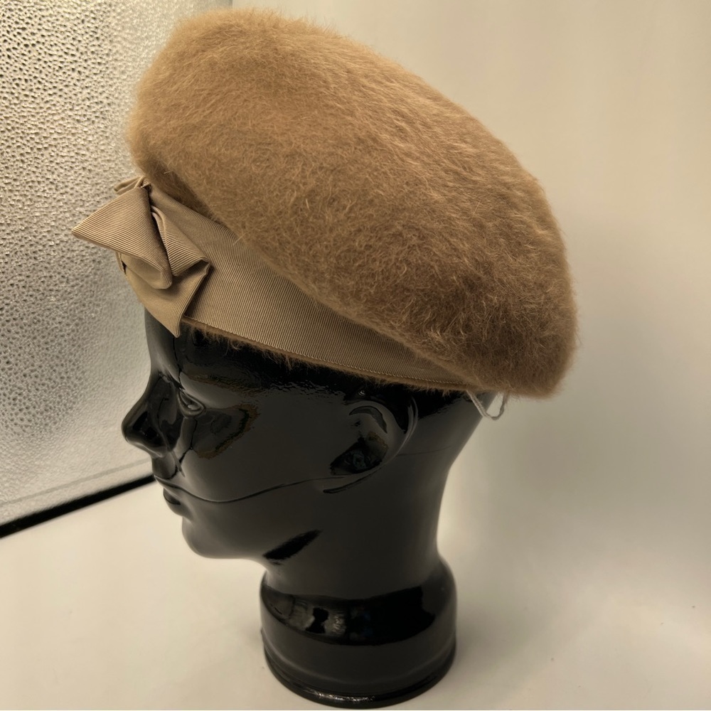 Merri-soie 1950s Vintage Fuzzy Wool Ranleigh Brown Bow French Beret Hat